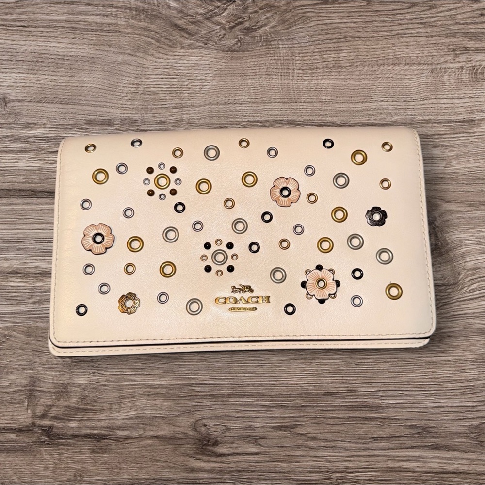Coach Cream Floral Studded Clutch **Does not include gold chain**